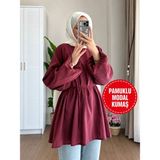 Moonsc Kadın Balon Kol Bel Bağlamalı Modal Kumaş Bordo Tesettür Tunik - Standart