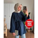 Moonsc Kadın Balon Kol Bel Bağlamalı Pamuklu Modal Kumaş Lacivert Tesettür Tunik - Standart