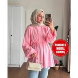 Moonsc Kadın Balon Kol Bel Bağlamalı Pamuklu Modal Kumaş Pembe Tesettür Tunik - Standart