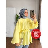 Moonsc Kadın Balon Kol Bel Bağlamalı Pamuklu Modal Kumaş Sarı Tesettür Tunik - Standart