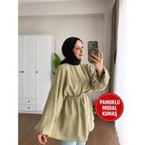 Moonsc Kadın Balon Kol Bel Bağlamalı Tesettür Tunik Modal Kumaş Haki - Standart