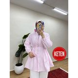 Moonsc Kadın Rahat Kalıp Nervürlü Pembe Keten Tesettür Gömlek - Standart