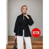 Moonsc Kadın Rahat Kalıp Nervürlü Siyah Keten Tesettür Gömlek - Standart