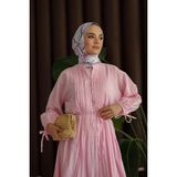 Moonsc Kadın Tesettür Keten Elbise - Regular Fit Nervürlü Pamuklu Astarlı Pembe - S - M