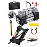 MOONSHOP Oto Krikosu 1.5 Ton Makas Cırcırlı Araç Kriko+Çift pistonlu Şişirme Kompresörü 2 li Set