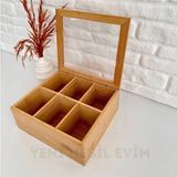 Moontime Alaçatı Ahşap Bambu 6 Bölmeli Kapaklı Çok Amaçlı Çay/toka/takı Kutusu Organizer 24X16X7CM.