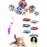 Moontime Alaçatı Pet Kedi Oyun Oltası 90 cm ve Ip Sarma Topu ve Kedi Renkli Tasma ve Xxl Ponponlu Kedi Oyuncağı