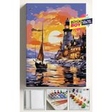Moontime Alaçatı Sayılarla Boyama Seti Numaralı Tuval Fırça Boya Dahil Kasnaklı Set 50X70 cm - Deniz Feneri Tekne