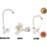 Moosy Beyaz Altın Lüks 3 Lü Set Mutfak Evye - Lavabo - Banyo Bataryası Delta Beyaz Gold Set Musluk - Krom