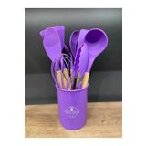 Mor 12 Parça Ahşap Sap Silikon Mutfak Pasta Silikon Kepçe Çırpıcı Fırça Kevgir Kaşıklık Maşa Spatula Set