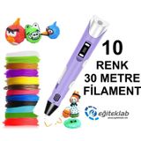 MOR 3D Kalem Yazıcı+10 renk 30 metre (10x3metre) PLA Filament