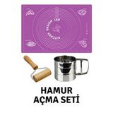 Mor 45x65 Cm Silikon Hamur Açma Matı, Çelik Un Eleği Ve Ahşap Saplı Hamur Açıcı Çok Renkli