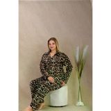 Mor AVM Büyük Beden Leopar Desenli Düğmeli Uzun Kol Viskon Pijama Takımı