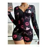 Mor AVM Pamuklu Kırmızı Öpücük ve Kalp Desenli Düğmeli Uzun Kol Tulum Pijama