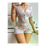 Mor AVM Pamuklu Pembe Kuzu Desenli Düğmeli Uzun Kol Tulum Pijama