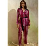 Mor AVM Saten Çizgili Düğmeli Uzun Kol Dantelli Gömlek ve Pantolon Pijama Takım (9765)