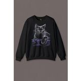 Mor Battaniye Üstünde Uzanan Sevimli Kedi Black Cat Baskılı Sweatshirt