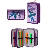 Mor Cool Girl Desenli Pvc Üç Bölmeli Kız Çocuk Organizer Kalemlik Kalem Kutusu -CP7002