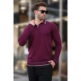 Mor Fermuarlı Polo Yaka Çizgi Detaylı Uzun Kollu Kazak 7267 - 2XL