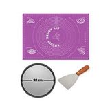 Mor Hamur Açma Matı 45 X 65 Cm, 28 Cm Pizza Tepsisi Ve Ahşap Uzun Saplı Hamur Ve Pizza Kesici Çok Renkli