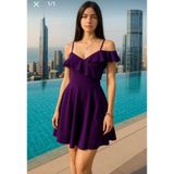 Mor ince askılı volanlı krep mini elbise (L)