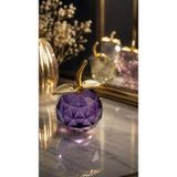 Mor Kristal Cam Elma Biblo Orta Boy 8.5 Cm Dekoratif Masa Üstü Obje Gold Yapraklı