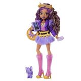 Mor motosiklet ceketi ve tüylü etek giyen Monster High Clawdeen Wolf bebek, kurt Crescent ve kitap, kruvasan ve çanta gibi 7 aksesuar, JHK30