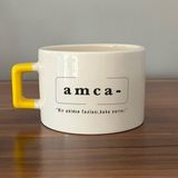 Mor Mürekkep Amca Baskılı Sarı Kulplu C Fincan - Açık Gri - Beyaz - 200 ml