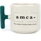 Mor Mürekkep Amca Baskılı Yeşil Kulplu T Kupa - Açık Gri - Beyaz - 200 ml