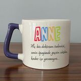 Mor Mürekkep Anne Hiç Bir Doktorun Tedavisi Baskılı Mor Kulplu D Kupa - Açık Gri - Beyaz - 200 ml