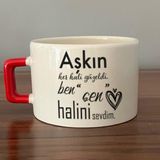 Mor Mürekkep Aşkın Her Hali Güzeldi Baskılı Kırmızı Kulplu C Fincan - Açık Gri - Beyaz - 200 ml