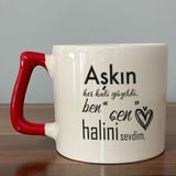 Mor Mürekkep Aşkın Her Hali Güzeldi Baskılı Kırmızı Kulplu D Kupa - Açık Gri - Beyaz - 200 ml