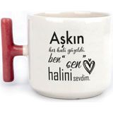 Mor Mürekkep Aşkın Her Hali Güzeldi Baskılı Kırmızı Kulplu T Kupa - Açık Gri - Beyaz - 200 ml