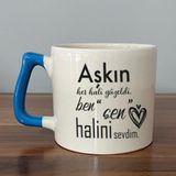 Mor Mürekkep Aşkın Her Hali Güzeldi Baskılı Mavi Kulplu D Kupa - Açık Gri - Beyaz - 200 ml