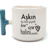 Mor Mürekkep Aşkın Her Hali Güzeldi Baskılı Mavi Kulplu T Kupa - Açık Gri - Beyaz - 200 ml