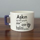 Mor Mürekkep Aşkın Her Hali Güzeldi Baskılı Mor Kulplu C Fincan - Açık Gri - Beyaz - 200 ml