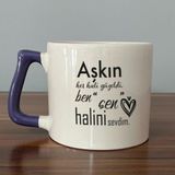 Mor Mürekkep Aşkın Her Hali Güzeldi Baskılı Mor Kulplu D Kupa - Açık Gri - Beyaz - 200 ml