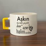 Mor Mürekkep Aşkın Her Hali Güzeldi Baskılı Sarı Kulplu C Fincan - Açık Gri - Beyaz - 200 ml