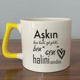 Mor Mürekkep Aşkın Her Hali Güzeldi Baskılı Sarı Kulplu D Kupa - Açık Gri - Beyaz - 200 ml