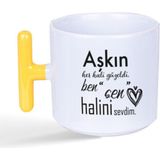 Mor Mürekkep Aşkın Her Hali Güzeldi Baskılı Sarı Kulplu T Kupa - Açık Gri - Beyaz - 200 ml