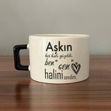 Mor Mürekkep Aşkın Her Hali Güzeldi Baskılı Siyah Kulplu C Fincan - Açık Gri - Beyaz - 200 ml