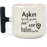 Mor Mürekkep Aşkın Her Hali Güzeldi Baskılı Siyah Kulplu T Kupa - Açık Gri - Beyaz - 200 ml