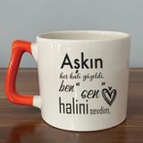 Mor Mürekkep Aşkın Her Hali Güzeldi Baskılı Turuncu Kulplu D Kupa - Açık Gri - Beyaz - 200 ml