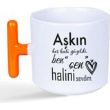 Mor Mürekkep Aşkın Her Hali Güzeldi Baskılı Turuncu Kulplu T Kupa - Açık Gri - Beyaz - 200 ml