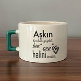 Mor Mürekkep Aşkın Her Hali Güzeldi Baskılı Yeşil Kulplu C Fincan - Açık Gri - Beyaz - 200 ml