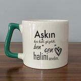 Mor Mürekkep Aşkın Her Hali Güzeldi Baskılı Yeşil Kulplu D Kupa - Açık Gri - Beyaz - 200 ml
