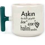 Mor Mürekkep Aşkın Her Hali Güzeldi Baskılı Yeşil Kulplu T Kupa - Açık Gri - Beyaz - 200 ml