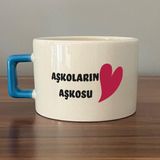 Mor Mürekkep Aşkoların Aşkosu Baskılı Mavi Kulplu C Sevgililer Günü Fincanı - Açık Gri - Beyaz - 200 ml
