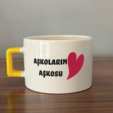 Mor Mürekkep Aşkoların Aşkosu Baskılı Sarı Kulplu C Sevgililer Günü Fincanı - Açık Gri - Beyaz - 200 ml