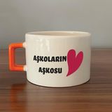 Mor Mürekkep Aşkoların Aşkosu Baskılı Turuncu Kulplu C Sevgililer Günü Fincanı - Açık Gri - Beyaz - 200 ml
